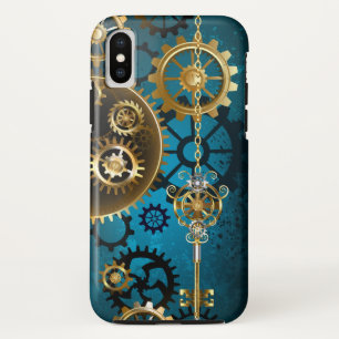 Steampunk turquoise Achtergrond met tandwielen iPhone XS Hoesje