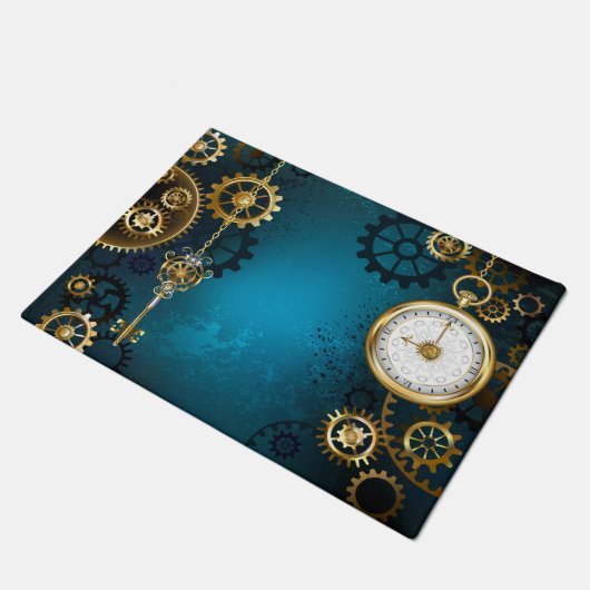 Steampunk turquoise Achtergrond met tandwielen Deurmat (Schuin)
