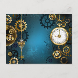 Steampunk turquoise Achtergrond met tandwielen Feestdagenkaart