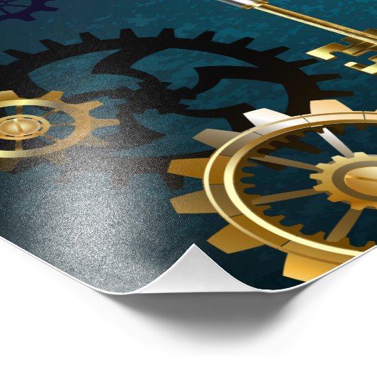 Steampunk turquoise Achtergrond met tandwielen Foto Afdruk (Hoek)