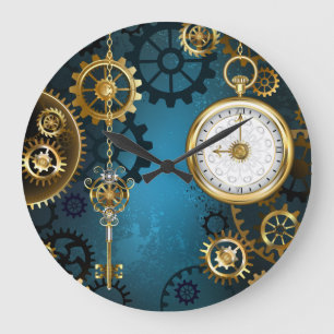 Steampunk turquoise achtergrond met tandwielen grote klok