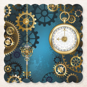 Steampunk turquoise Achtergrond met tandwielen Kartonnen Onderzetters