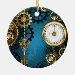 Steampunk turquoise Achtergrond met tandwielen Keramisch Ornament