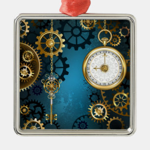 Steampunk turquoise Achtergrond met tandwielen Metalen Ornament