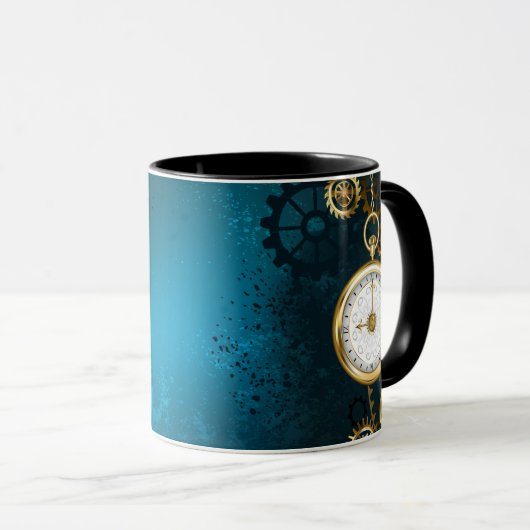 Steampunk turquoise Achtergrond met tandwielen Mok (Voorkant rechts)