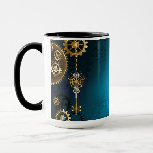 Steampunk turquoise achtergrond met tandwielen mok (Links)