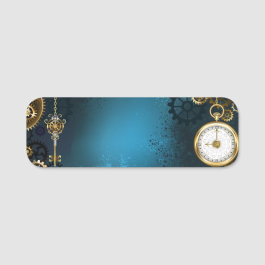 Steampunk turquoise achtergrond met tandwielen naamplaatje (Voorkant)