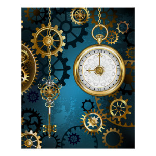 Steampunk turquoise Achtergrond met tandwielen Perfect Poster