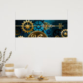 Steampunk turquoise Achtergrond met tandwielen Poster (Keuken)
