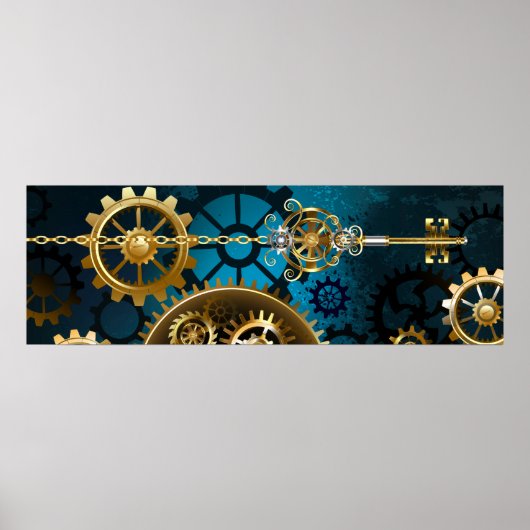 Steampunk turquoise Achtergrond met tandwielen Poster (Voorkant)