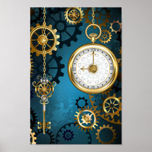 Steampunk turquoise achtergrond met tandwielen poster