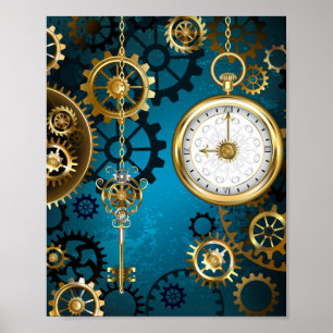 Steampunk turquoise Achtergrond met tandwielen Poster