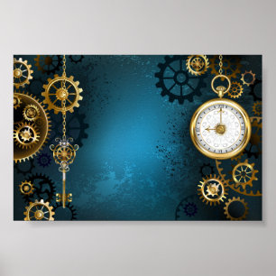 Steampunk turquoise achtergrond met tandwielen poster
