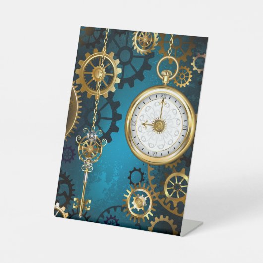 Steampunk turquoise Achtergrond met tandwielen Reclamebord Met Voetstuk (Voorkant)