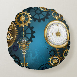 Steampunk turquoise Achtergrond met tandwielen Rond Kussen