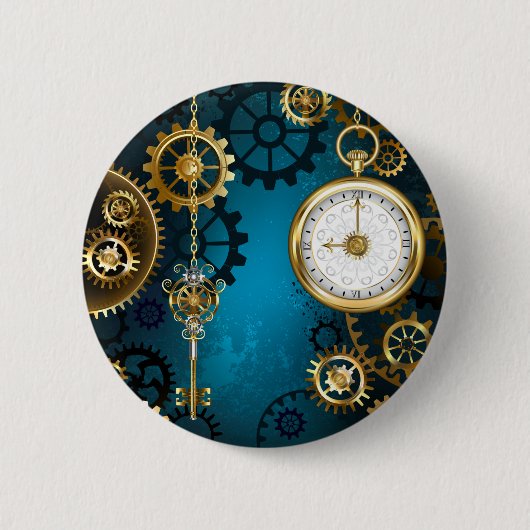 Steampunk turquoise Achtergrond met tandwielen Ronde Button 5,7 Cm (Voorkant)