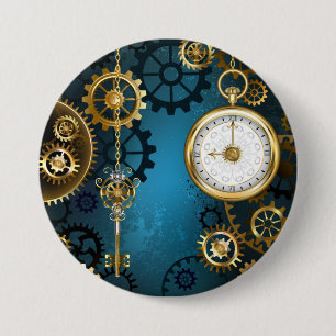 Steampunk turquoise Achtergrond met tandwielen Ronde Button 7,6 Cm