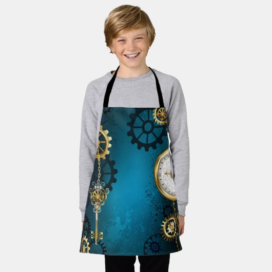 Steampunk turquoise Achtergrond met tandwielen Schort (Gedragen)