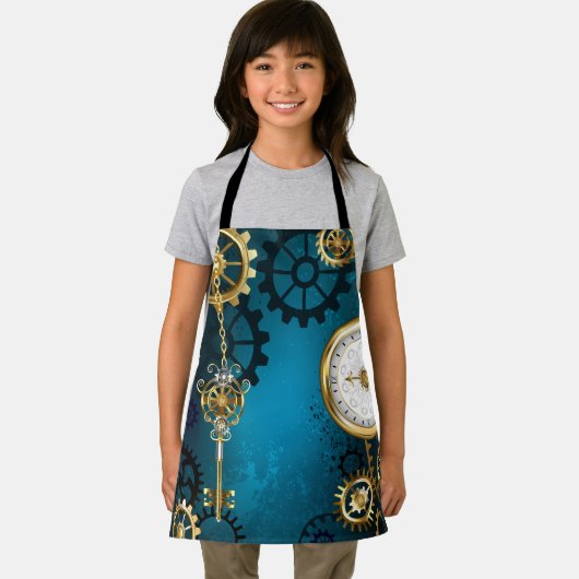Steampunk turquoise Achtergrond met tandwielen Schort (Insitu)