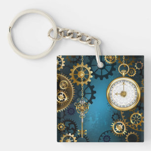 Steampunk turquoise Achtergrond met tandwielen Sleutelhanger