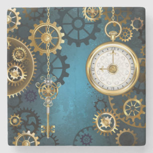 Steampunk turquoise Achtergrond met tandwielen Stenen Onderzetter