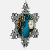 Steampunk turquoise Achtergrond met tandwielen Tin Sneeuwvlok Ornament (Links)