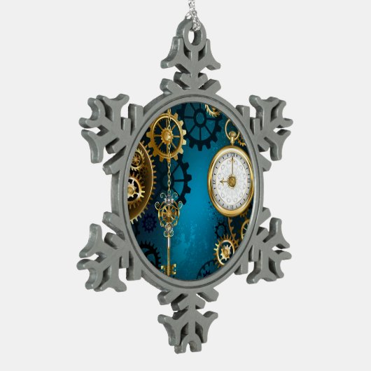 Steampunk turquoise Achtergrond met tandwielen Tin Sneeuwvlok Ornament (Links)