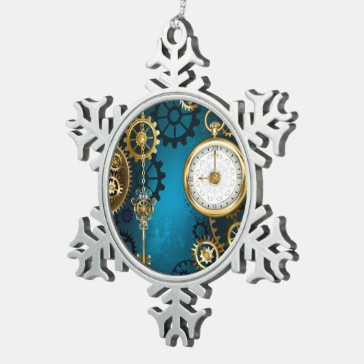 Steampunk turquoise Achtergrond met tandwielen Tin Sneeuwvlok Ornament (Rechts)