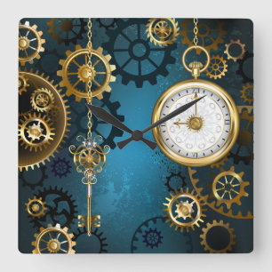 Steampunk turquoise Achtergrond met tandwielen Vierkante Klok