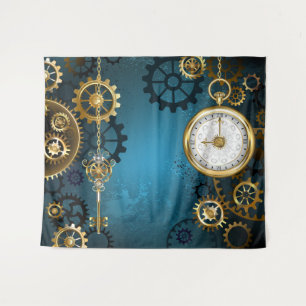 Steampunk turquoise Achtergrond met tandwielen Wandkleed