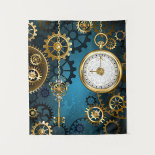Steampunk turquoise Achtergrond met tandwielen Wandkleed