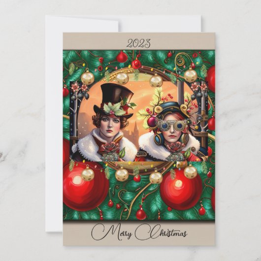 Steampunk Twee Hartjes Kerst Platte Kerstkaart (Voorkant)