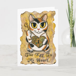 Steampunk Valentine Cat Heart Locket Key Art Card Feestdagen Kaart