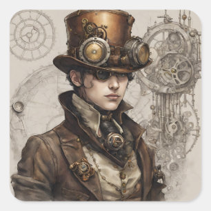 Steampunk Victoriaans Gentleman Kunstwerk Vierkante Sticker