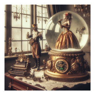 Steampunk Victoriaans Muziek Snow Wereldbol Perfor Foto Afdruk