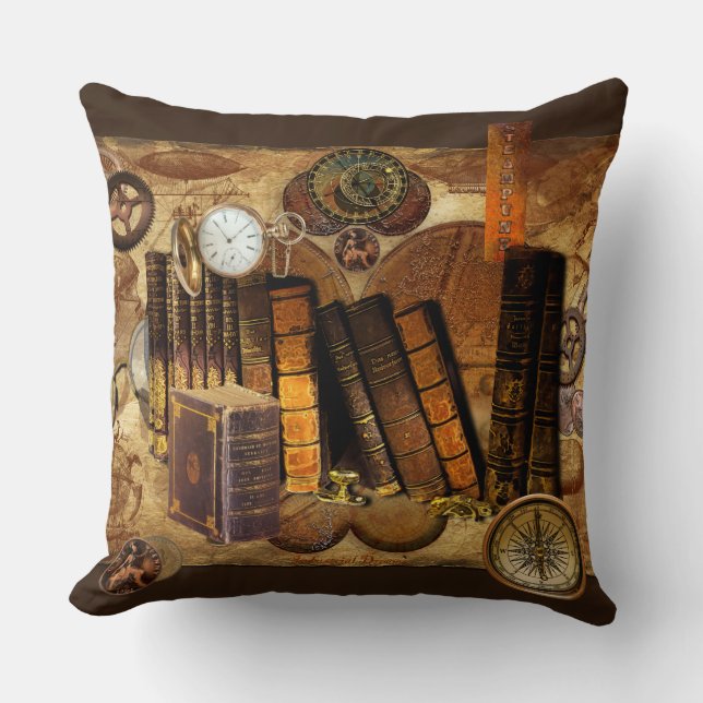 Steampunk Victoriaans Oude Kaart Collage Kussen (Voorkant)