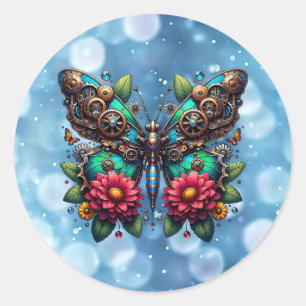 Steampunk vlinder met tandwielen en bloemen ronde sticker