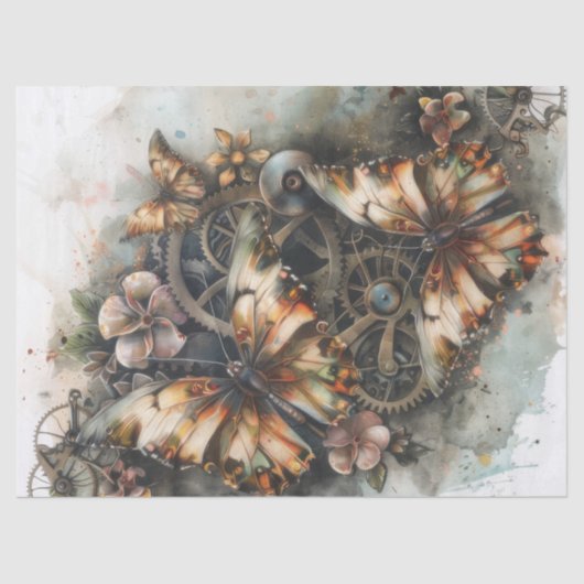 Steampunk Vlinders Bloemen en Tandwielen Decoupage Tissuepapier (Voorkant)