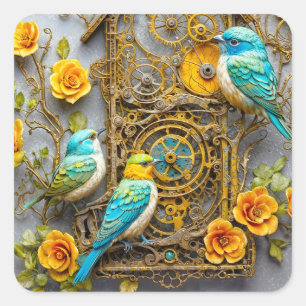 Steampunk vogels met gouden rozen vierkante sticker