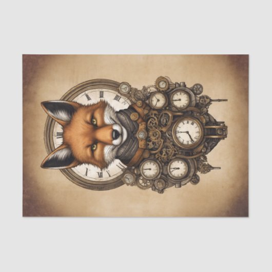  Steampunk Vos met Klokken Tissuepapier (Voorkant)