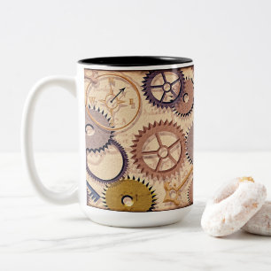 Steampunk Wielen, tandwielen, sleutels, oude steen Tweekleurige Koffiemok