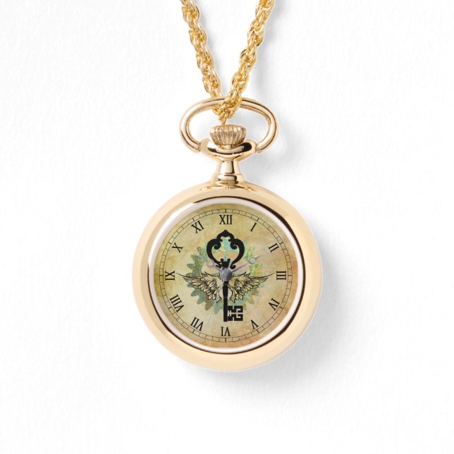 Steampunk Winged Key en Cog Wheel Horloge (Voorkant)