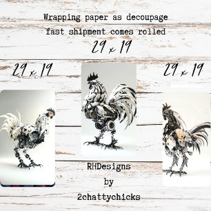 Steampunk Zwart Wit Roosters Decoupage Inpakpapier Vel