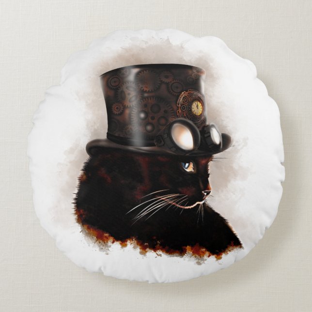 Steampunkkat Rond Kussen (Voorkant)