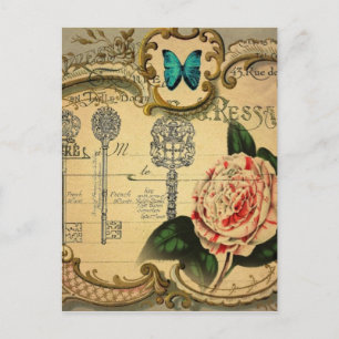 steampunksleutels moderne  roze bloem camellia briefkaart