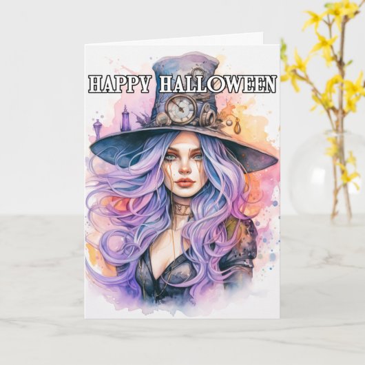 Steampunky Salem Witch | Happy Halloween Kaart (Gele Bloem)