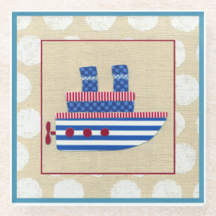 Steamship met Propeller en Blauwe Mokestacks Glazen Onderzetter