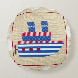 Steamship met Propeller en Blauwe Mokestacks Rond Kussen