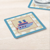 Steamship met Propeller en Blauwe Mokestacks Vierkante Kartonnen Onderzetter (Schuin)