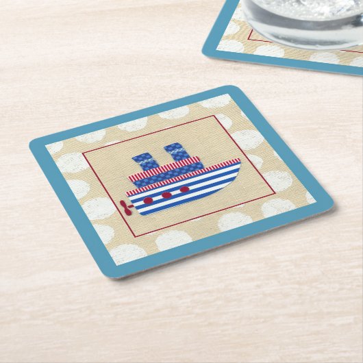 Steamship met Propeller en Blauwe Mokestacks Vierkante Kartonnen Onderzetter (Schuin)